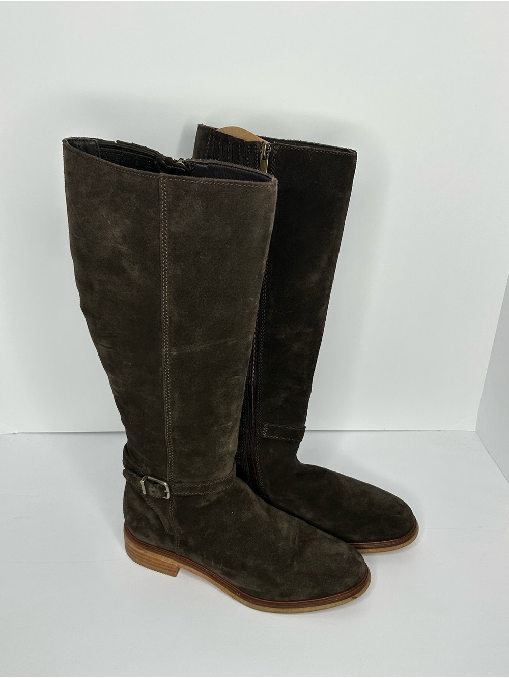 Knee high Clark’s Suede Boots in Dark Brown - Women's Knee High Riding Style